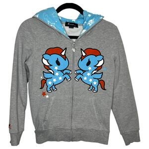 Tokidoki Unicorno Heather Grey Full Zip Hoodie Pattern Lined Hood Blue Small